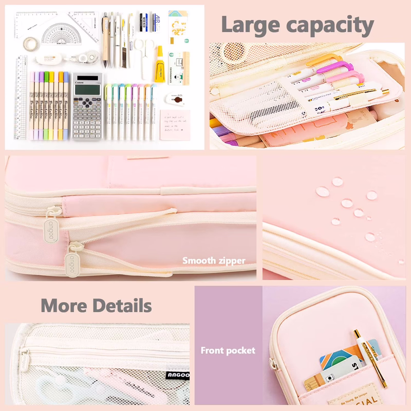 thumbnail image 5 of Big Capacity Pencil Pen Case Simple Stationery Bag College Office Organizer Pink, 5 of 7