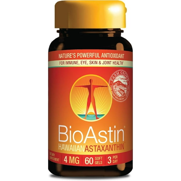 Nutrex Hawaii BioAstin Hawaiian Astaxanthin - 4mg, 60 Softgels - Farm-Direct Premium Antioxidant Supplement to Support Eye, Skin, Joint & Immune System Health - Non-GMO & Gluten-Free
