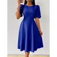 thumbnail image 4 of Royal Blue Womens Fit And Flare Dress With Round Neck And Puff Sleeves, 4 of 7