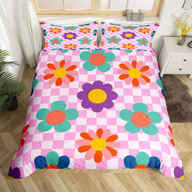 Groovy Flower Comforter Cover Queen for Kids,Retro Kawaii Florals