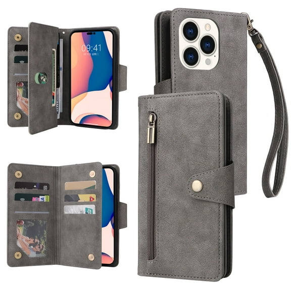 SaniMore for iPhone 14 Pro Max 6.7" 2022 Case, PU Leather 2 in 1 Zipper Wallet Removeable Wrist Strap Card Slots Cash Pocket Kickstand Shockproof Anti-fall Full Protective Shell, Gray