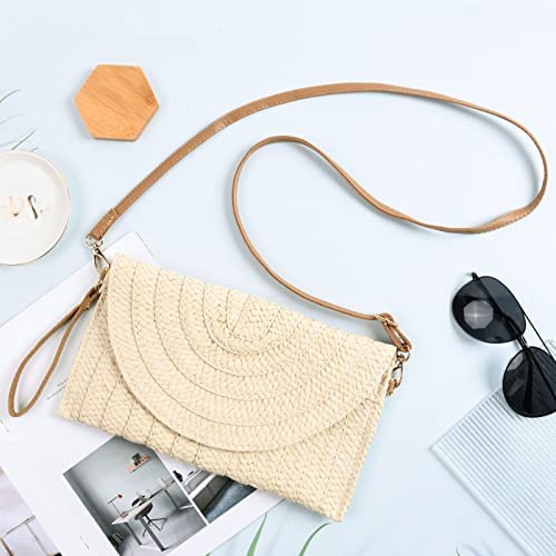 Monedero De Paja Para Mujer - Clutch Boho Retro Con Correa | Ideal Para Playa, Viajes Y Fiestas De Verano | Color Beige