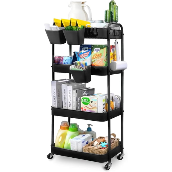 4 Tier Rolling Cart, Metal Rolling Cart with Wheels with 3 Hanging Cups & 4 Hooks, Utility Cart, Multifunctional Storage Cart Organizer for Bathroom, Kitchen, Living Room, Office, Black