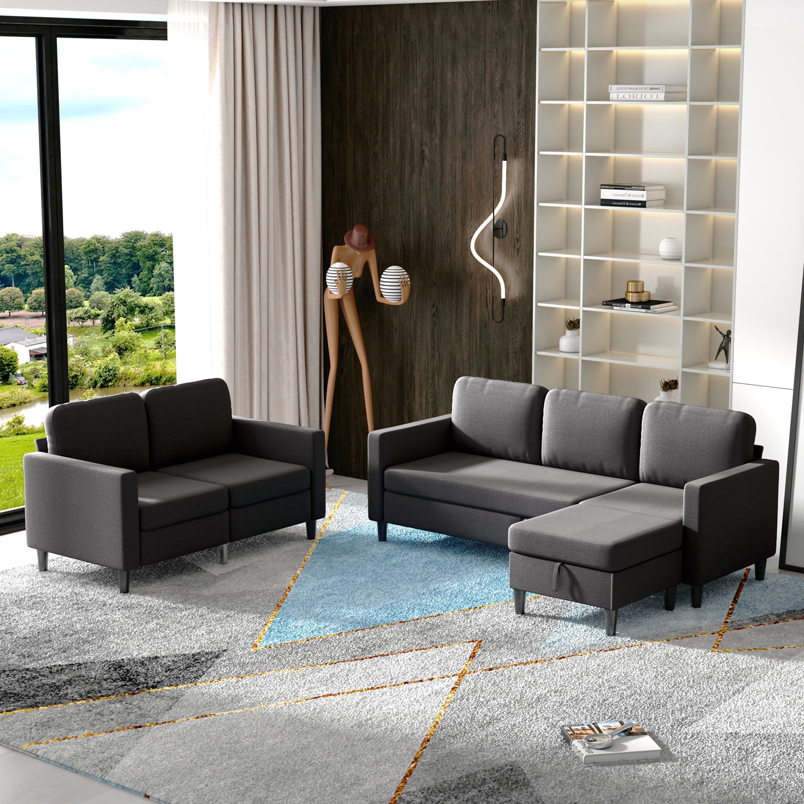 MUZZ Sectional Sofa Couches Set for Living Room (3-Seat Sectional Sofa&Loveseat Sofa/Dark Grey)