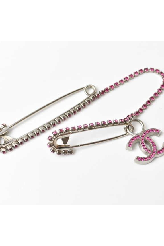 Pre-Owned CHANEL brooch pin here mark rhinestone silver magenta