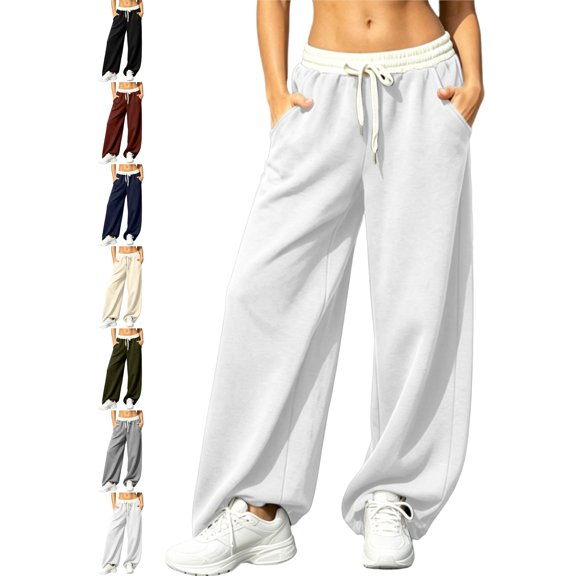 Casual Lounge Pants for Women Drawstring Elastic Waist Contrast Color Block Waistband with Pockets Loose Fit Breathable Comfortable Everyday Athletic Workout Home Sweatpants