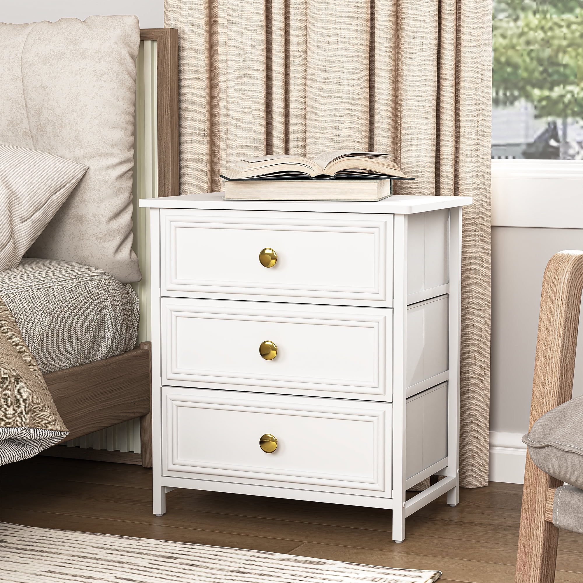 Demi Bonn Nightstand Set of 2, Bedside Table with 3 Decorated Drawers, Wood Accent Side End Table with Storage for Bedroom, Black, White