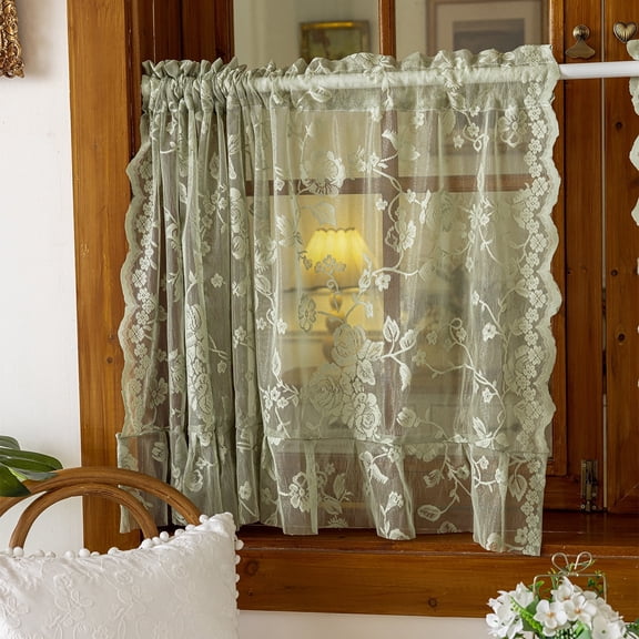 Faty-T Vintage Lace Kitchen Curtains 36 Inches Long Panels, Romantic Semi Sheer Floral Over Sink Lacy Cafe Curtain, Elegant Window Short Small Drapes, 55W x 40L