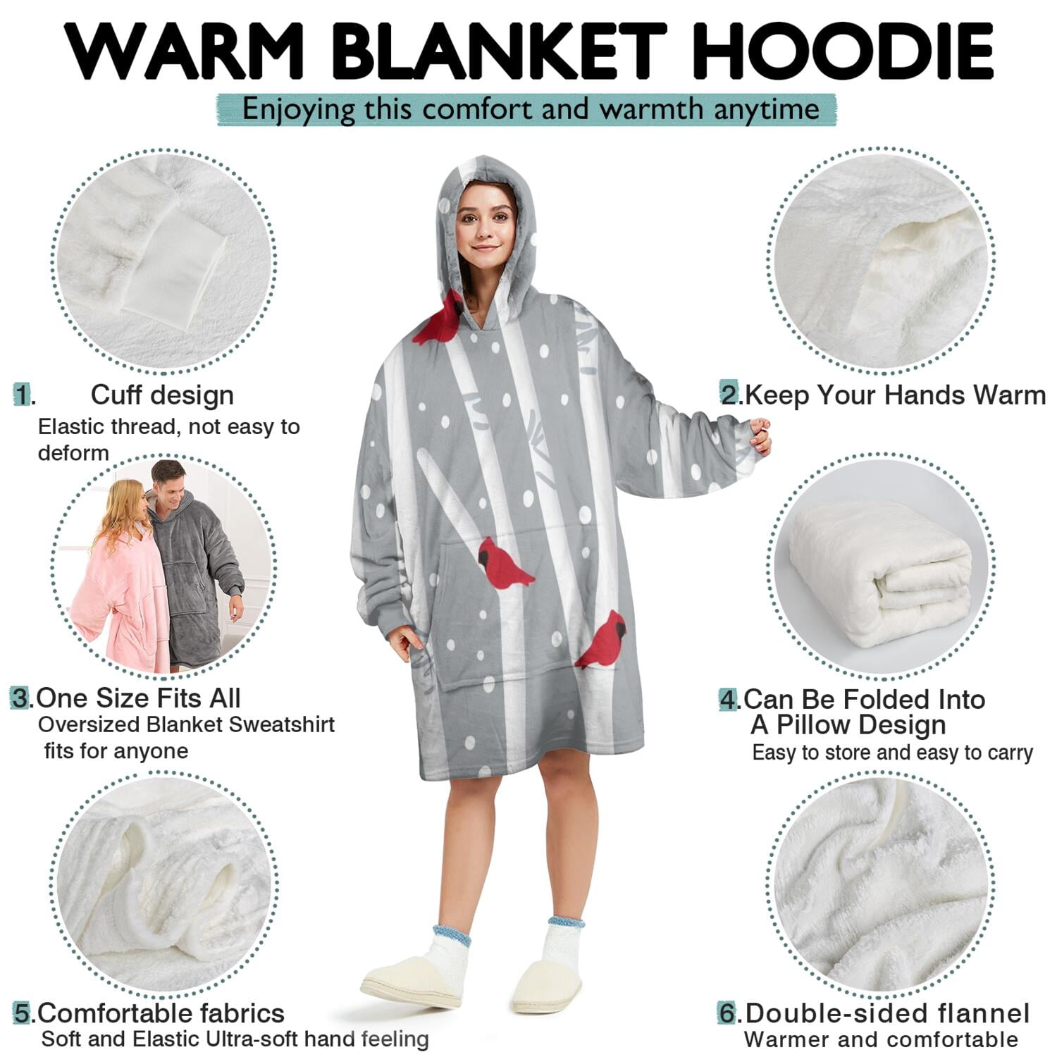 Wearable Oversized Blanket,Gray Christmas Cardinal Bird Pattern Wearable Blanket Hoodie for Adults,Cozy Hooded Blankets with Super Pockets,Super Warm Fuzzy Pullover for Women & Men
