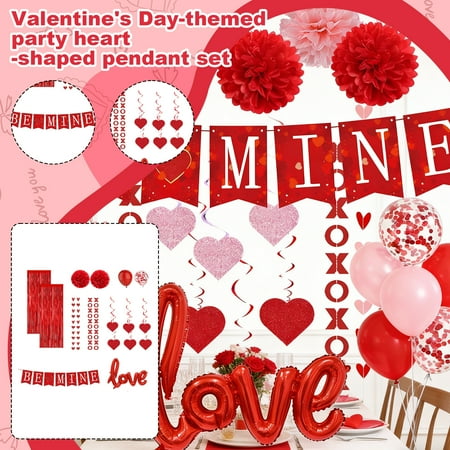 Valentine s Day Party Decor Complete Kit – All-in-One Bundle with Banner Hearts Pom Poms for Quick Setup & Home Celebration