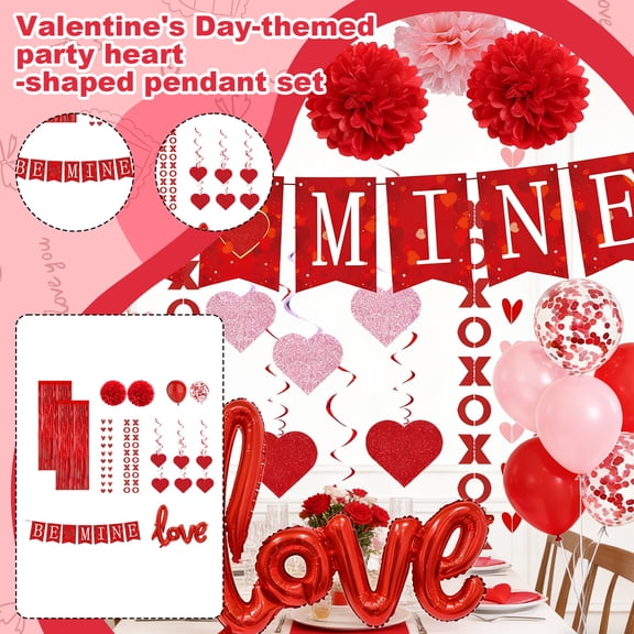 Decorr Complete Valentine’s Day Party Decorations Kit with Heart Banners, Paper Pom Poms & Sequined Balloons - All-in-One Romantic Setup for Home, Wedding Anniversary Party, Couples & Event Planners
