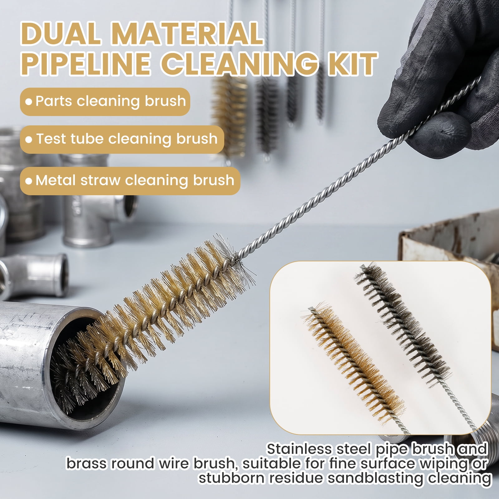 HKJUNFEI 16Pcs Brass Wire Tube Brush Reach Hard to Reach Corner Wire Tube Brush for Deep Pipe Auto Part Engine Part 8 Sizes