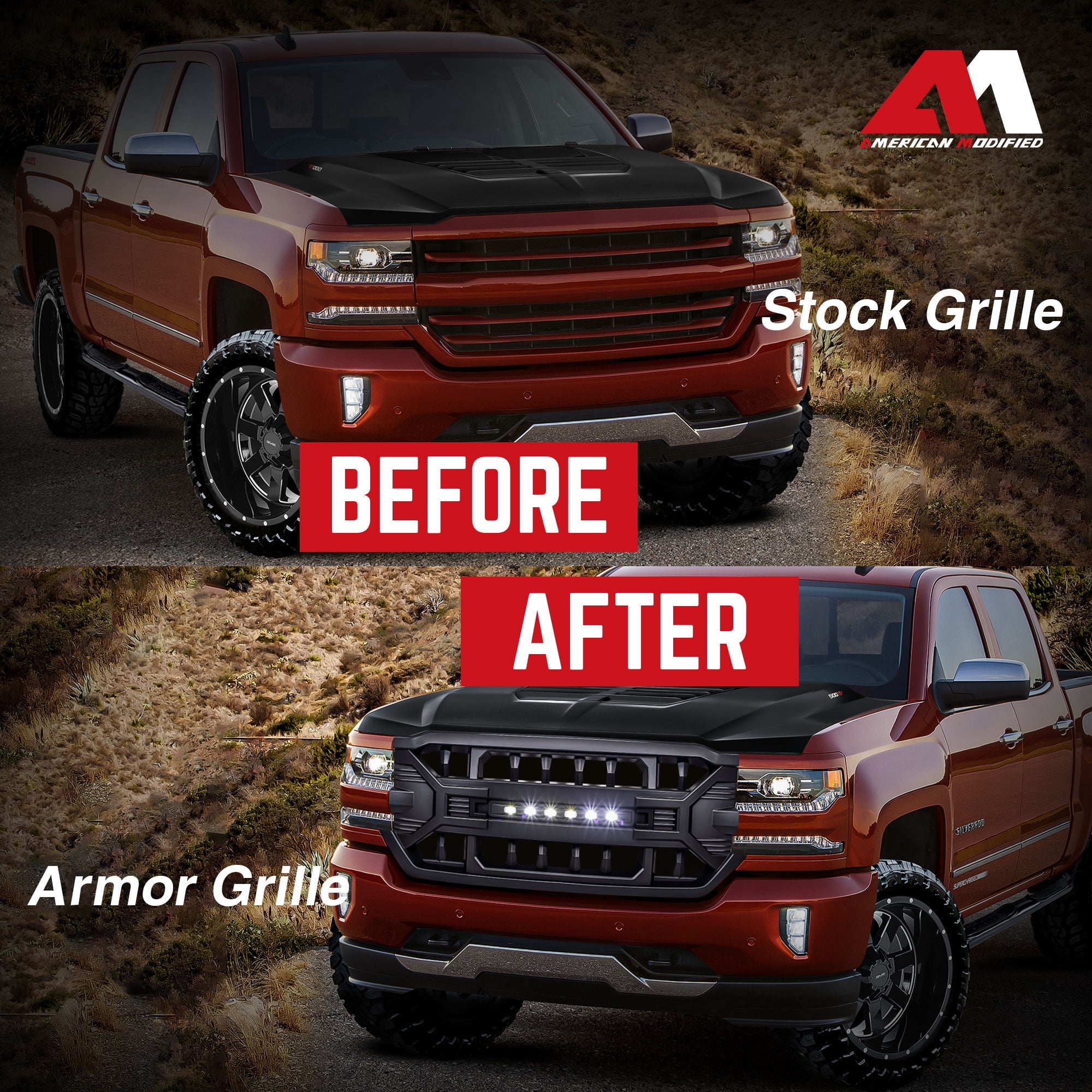 AMERICAN MODIFIED Armor Grille for 2016-2019 Silverado 1500, Matte Black