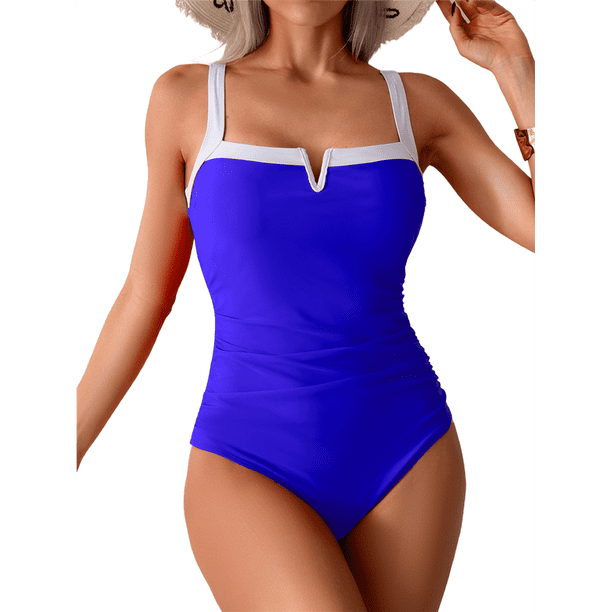Trajes de Baño de una Pieza para Mujer, con Bloques de Color, Adelgazantes, Control de Abdomen, Traje de Baño de Cobertura en V. Azul Real L