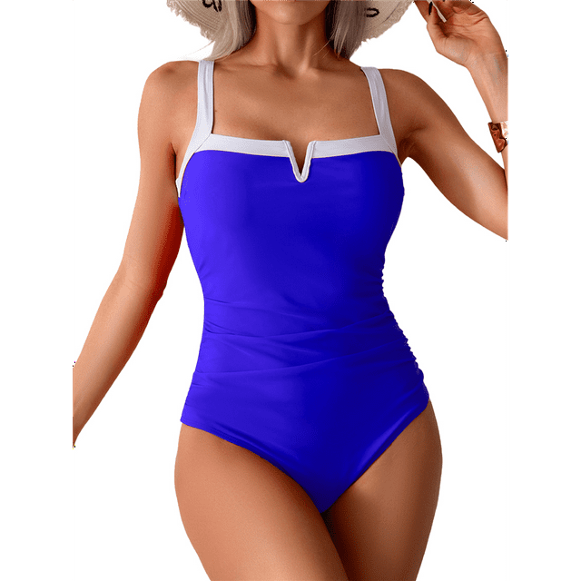 Trajes de Baño de una Pieza para Mujer, con Bloques de Color, Adelgazantes, Control de Abdomen, Traje de Baño de Cobertura en V. Azul Real L
