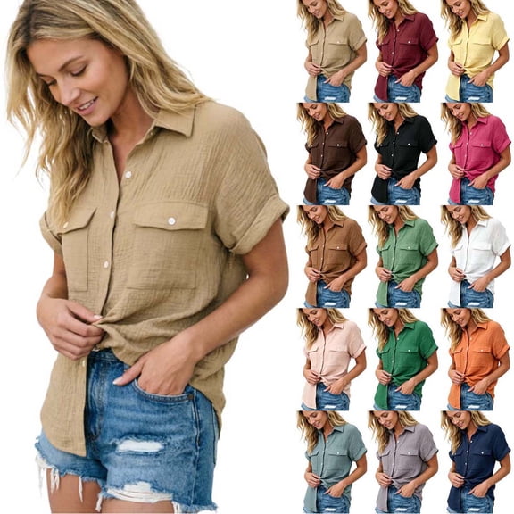 DYTTDG Women's Button-Down Short Sleeve Blouse | Turndown Collar Casual Shirt Top with Front Pockets, Lightweight Work Tops