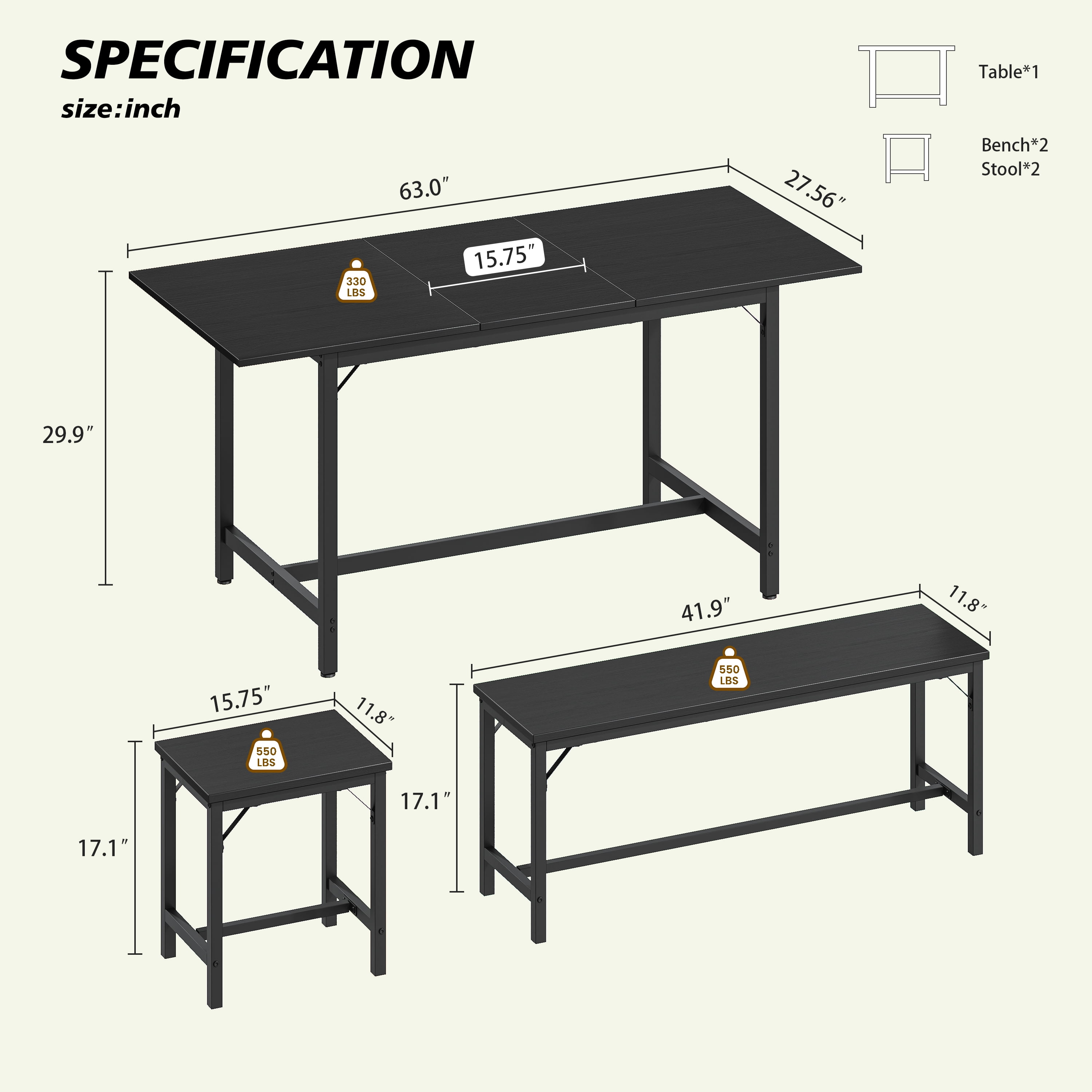 Aukfa 63" Extendable Dining Table Set for 4-8, 3-Piece Kitchen Table Set with 2 Benches & 2 Stools, Space Saving Wood Table & Metal Frame,Black