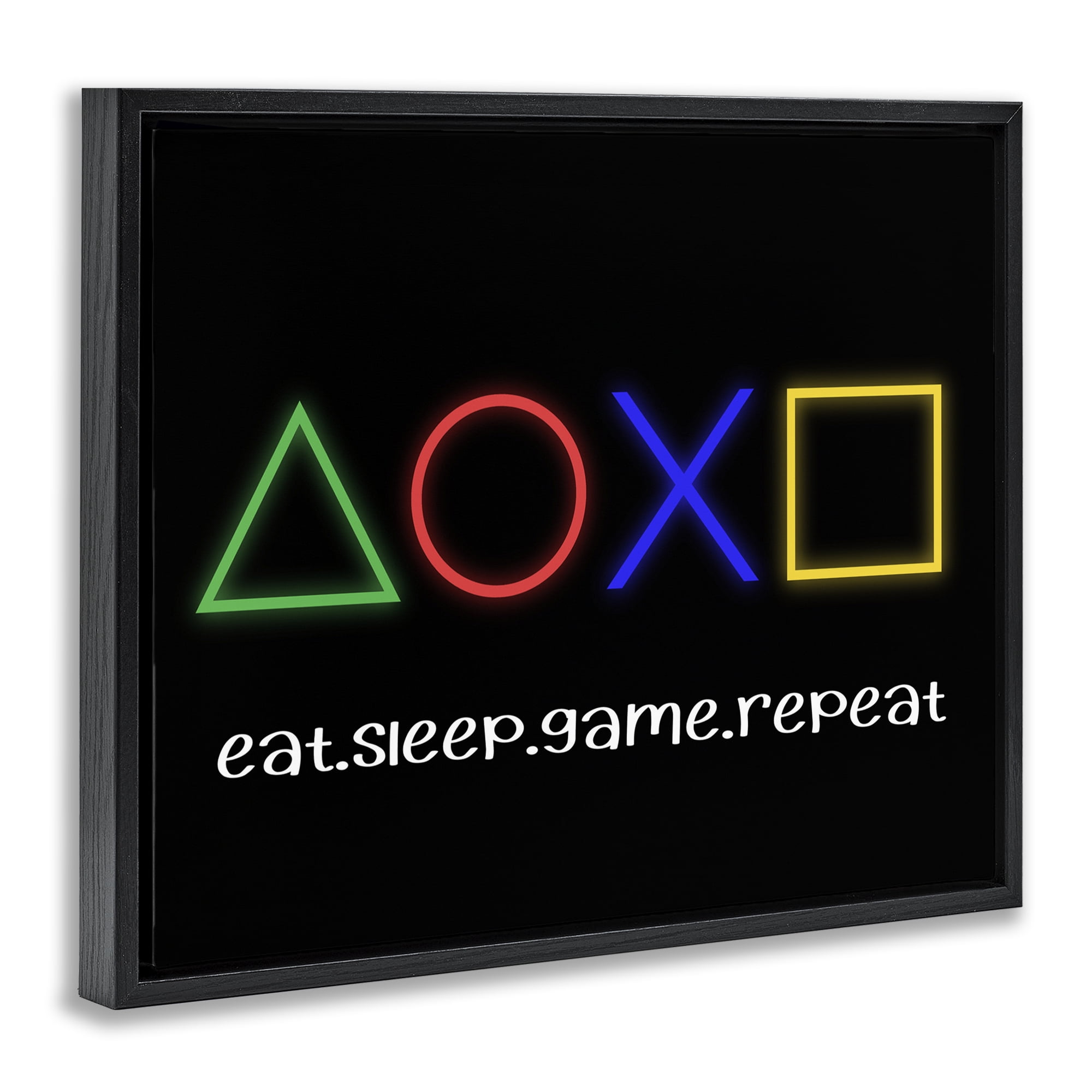 Neon Gaming Symbols & Words Black Framed Floater Canvas Wall Art, design by Christine Simpson Art