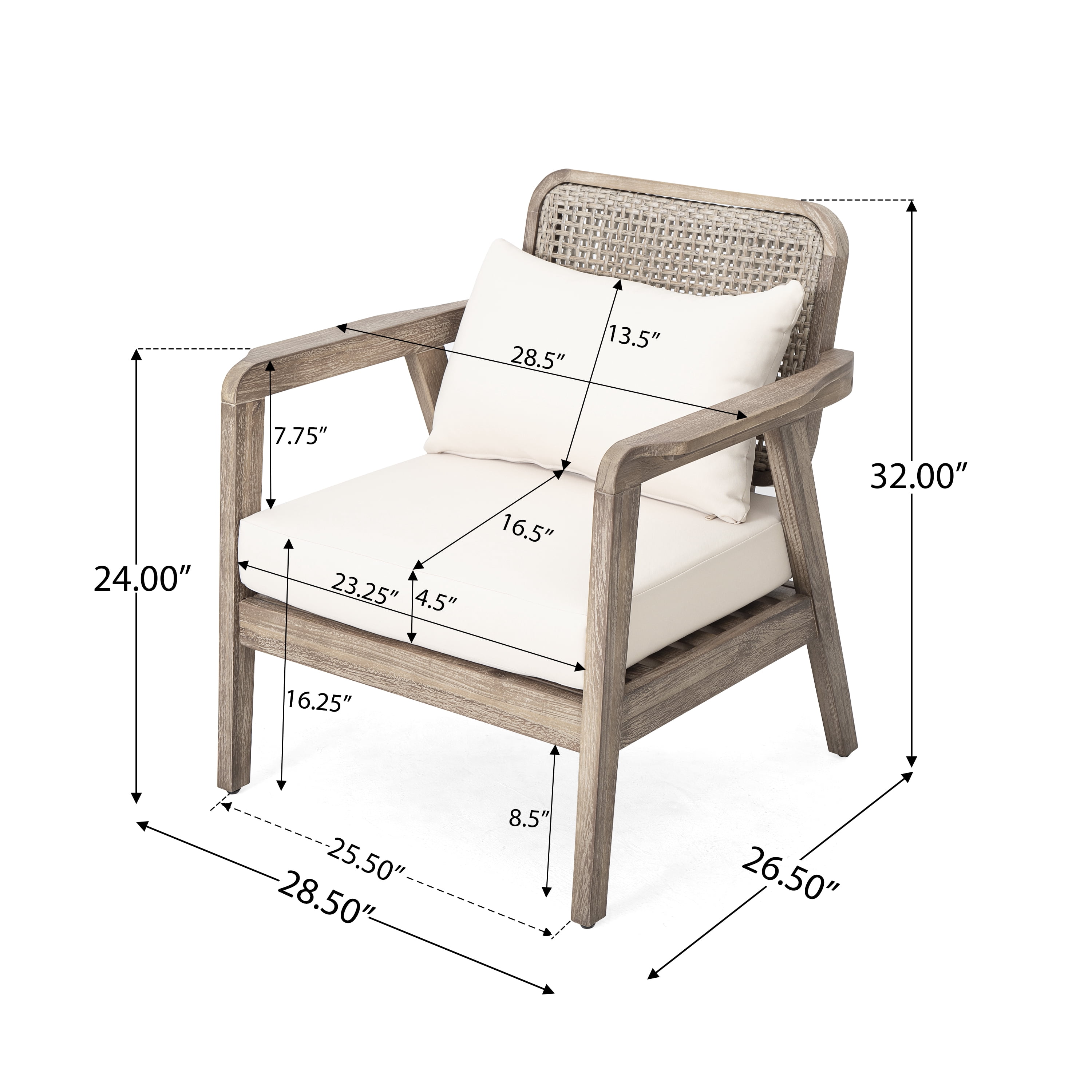 Outdoor Acacia Wood Patio Club Chair, Patio Furniture Waterproof Thick Cushion for Porch Garden, Light Brown and Cream