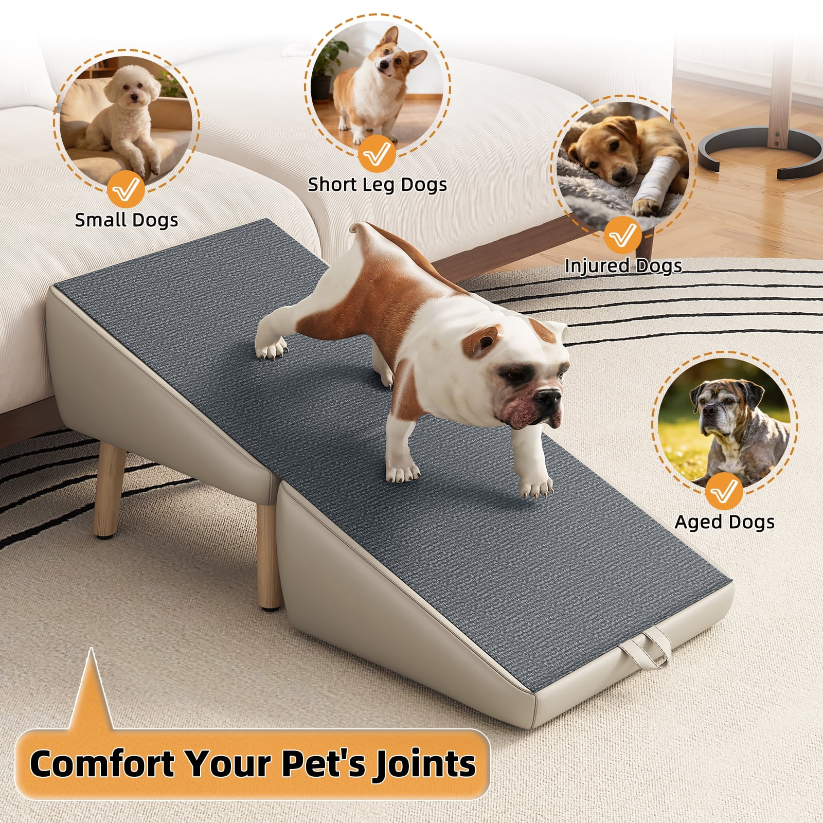 2-in-1 Foldable Wooden Dog Stairs Ramp, Split Ottoman Pet Steps for Small Dogs Cats, Non-Slip Gentle Incline Pet Ramp for Couch Bed, Joint Friendly Design for Puppy Senior Injured Pets