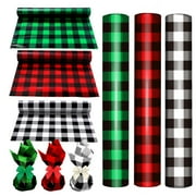 Whaline 120 Ft PriNst x 32 inch Christmas Cellophane Roll Rustic Buffalo Plaid Wrapping Paper Red Green White Black Plastic Gift Basket for Christmas Birthday Party DIY Craft Supplies, 3 Rolls