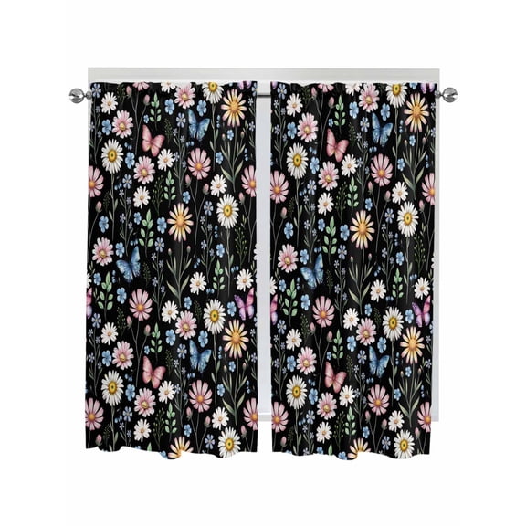 Spring Floral Bathroom Window Curtain, Elegant Pastoral Flowers Butterflies Black Light Filtering Coffee Kitchen Curtains, Bedroom Living Room Curtains 2 Panel 84"x63"