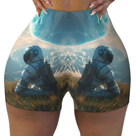 Workout Shorts Women  Astronaut Contemplating Planet Biker Shorts for Women Running Gym Spandex Shorts Tummy Control