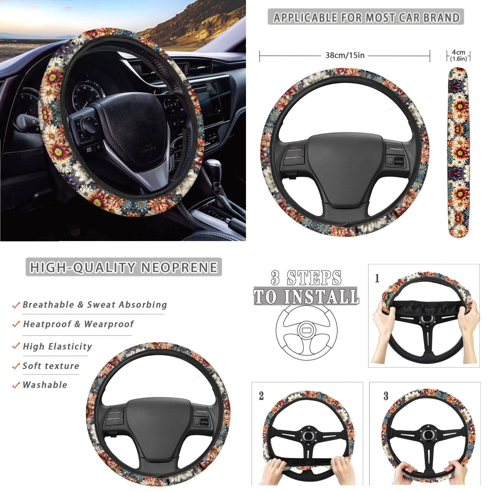 Yuyamidu Colorful Dahlia Car Seat Covers with Auto Streering Wheel Cover Center Console Pad Cover Seat Belt Cover Shift Knob Cover Handbrake Cover Coasters for Most Van SUV Sedan Auto Accessories