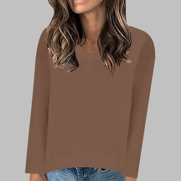 Suéter de cuello en V para mujer, jersey de manga larga de color liso con cuello en V, suéter informal de moda, top de poliéster para mujer