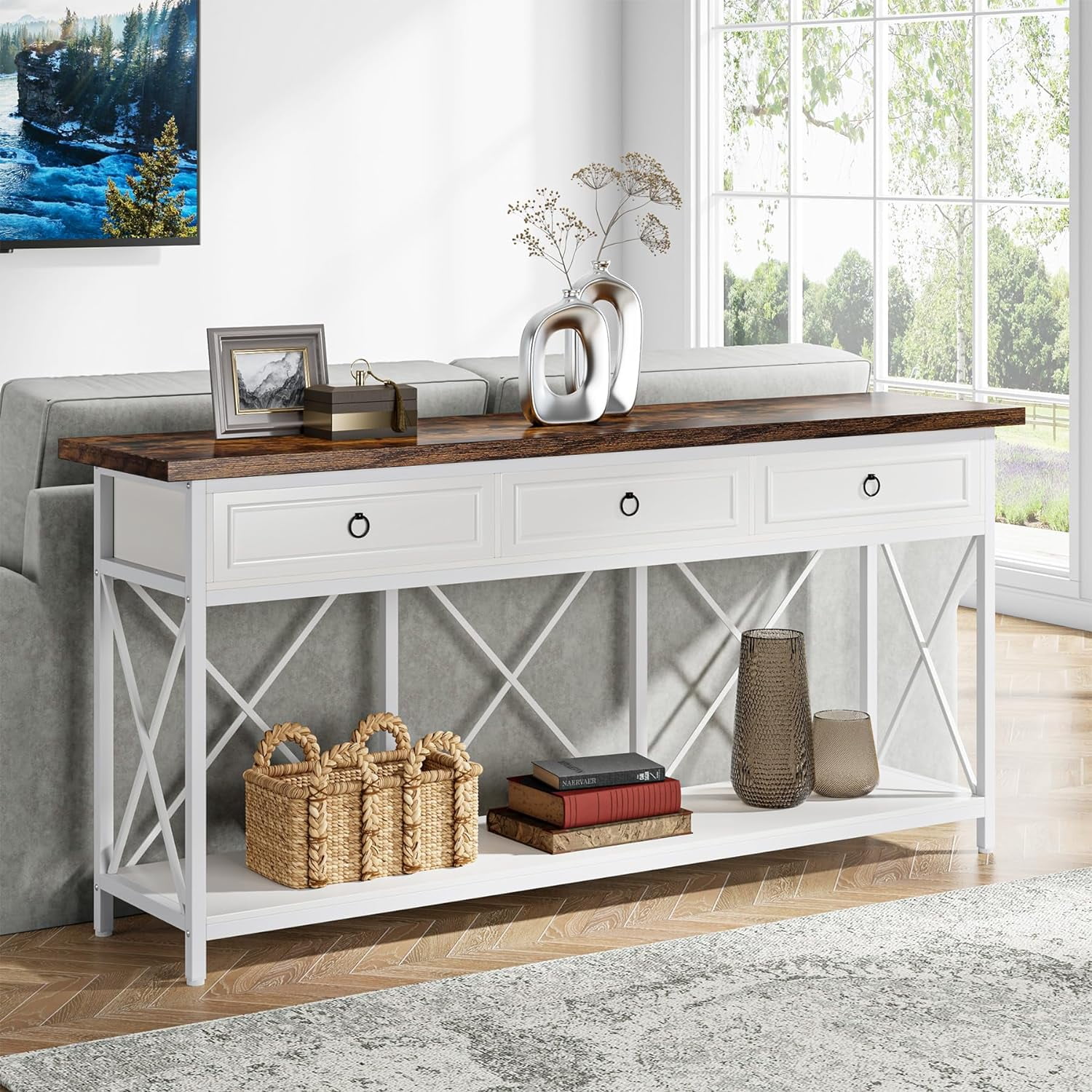 Tribesigns 70.8" Console Table with 3 Drawers, Farmhouse Entryway Table with Storage Shelf for Entryway, Hallway (White/Brown)