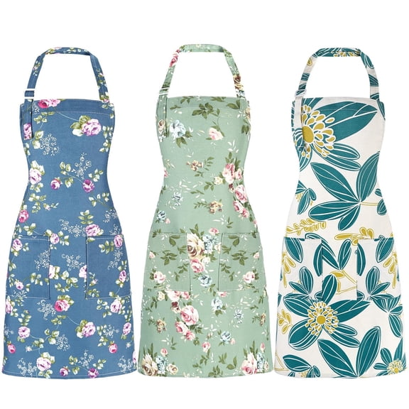 Apron for Women with Pockets, 3 Pcs Floral Print Canvas Apron with Adjustable Neck Strap for Cooking, Baking, Gardening, Crafts