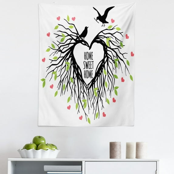Saying Tapestry, Heart Shaped Bird Nest Home Words Hope Family Partners in Nature, Fabric Wall Hanging Decor for Bedroom Living Room Dorm, 5 Sizes, Black Green Pink, by Ambesonne