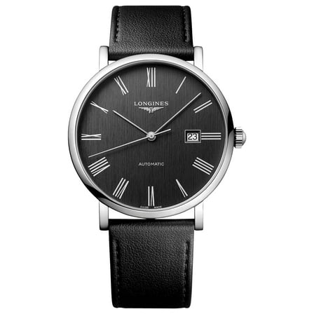 Longines Elegant Automatic Stainless Steel Dark Gray Dial Black Leather Strap Date Mens Watch L4.911.4.71.2