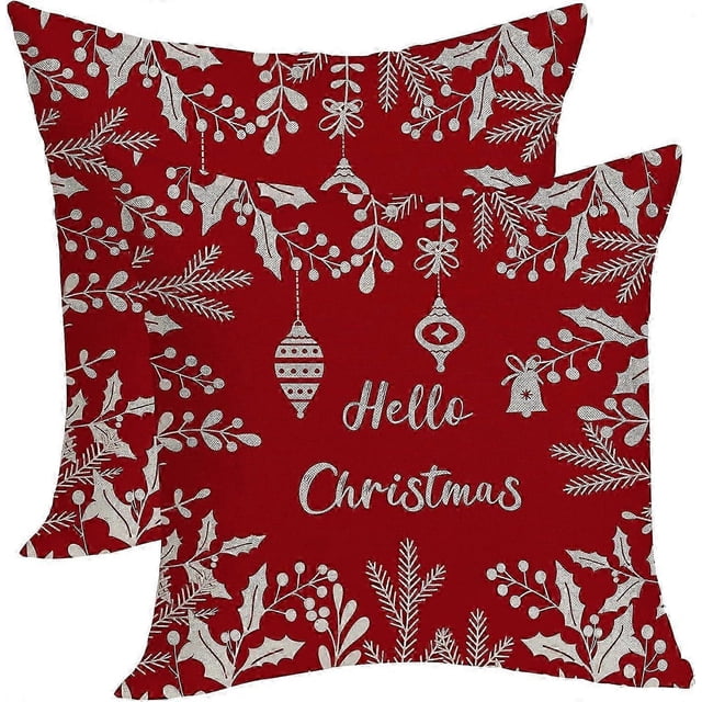 Fundas de almohada navideñas de 45 x 45 cm (paquete de 2), diseño de hojas rojas y acebo navideño.