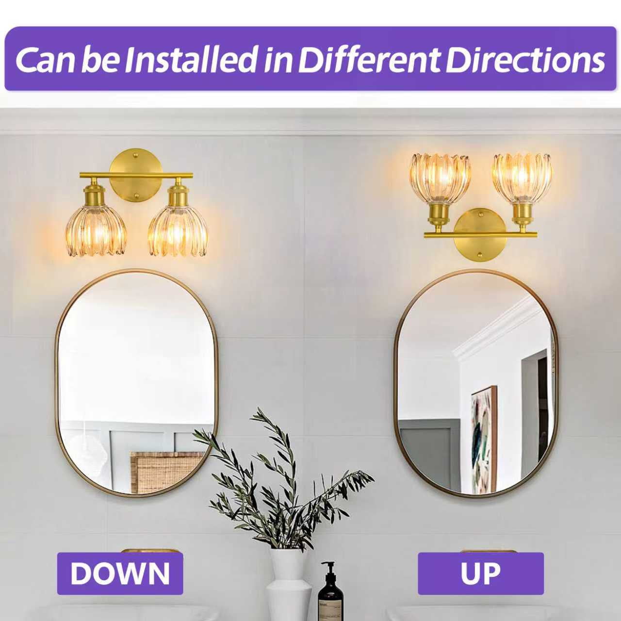 GCGAFUL Modern Gold Bathroom Vanity Light Fixtures, 12 in. 2-Light Bathroom Lights Fixtures Over Mirror with Amber Tulip Glass Shade