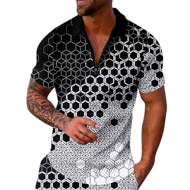 Camisas Manga Larga Hombre Camisa informal de manga corta con cuello vuelto y cremallera con estampado informal para hombre (Black, L)
