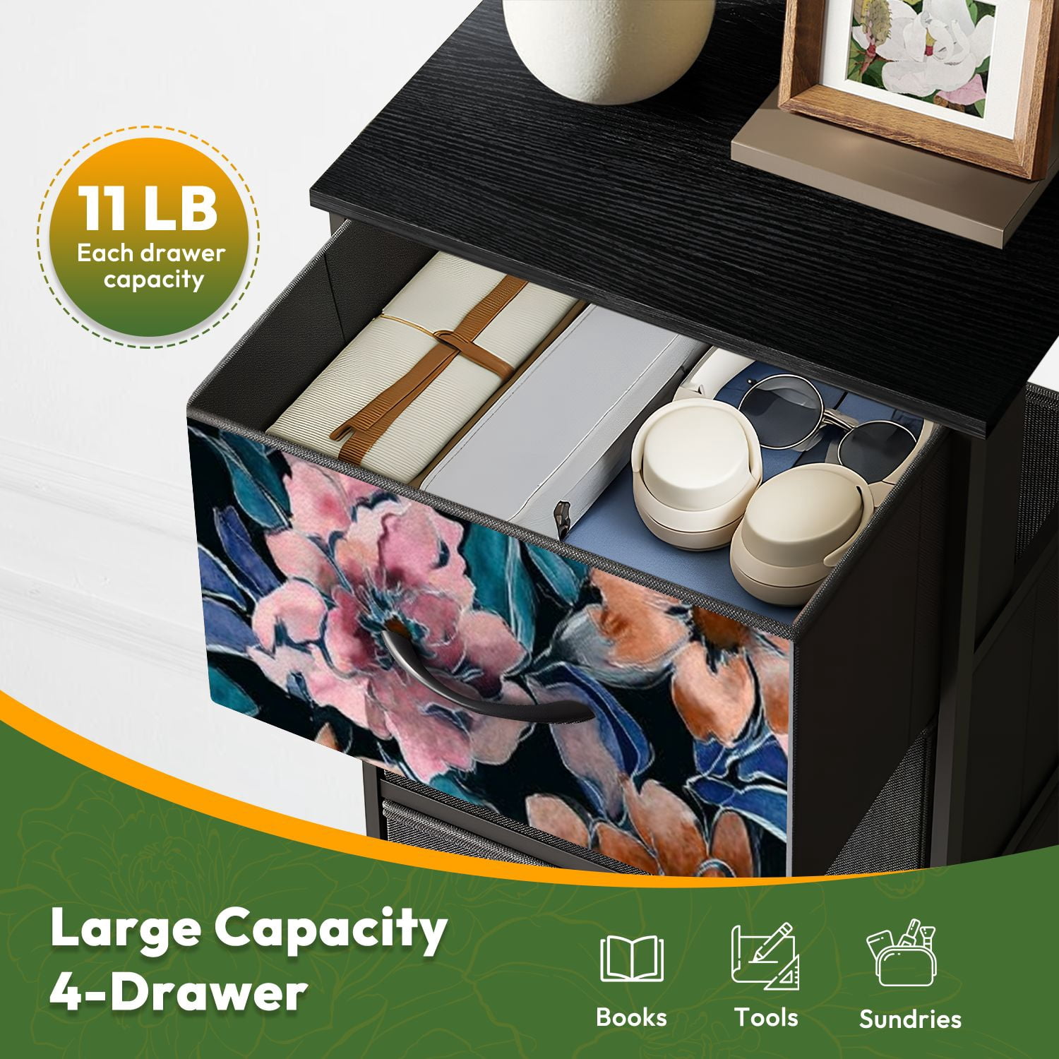 4 Drawer Vertical Storage Dresser Watercolor spring floral bouquets Vintage botanical with Wood Top Fabric Pull Drawers