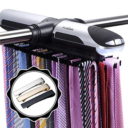 Primode Motorized Tie Rack Closet Organizer with LED Lights, Bonus  Stainless Steel Tie Clip Set, Includes J Hooks for Wired Shelving Stores Up  To 72 Ties with 8 Belts, Rotation Operates With