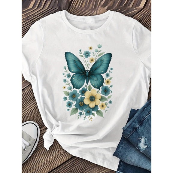 Butterfly Floral Print Graphic Tee for Women, Cute Nature Inspired Short Sleeve T-Shirt, Breathable Soft Casual Round Neck Top for Spring Summer Fall Daily Wear
