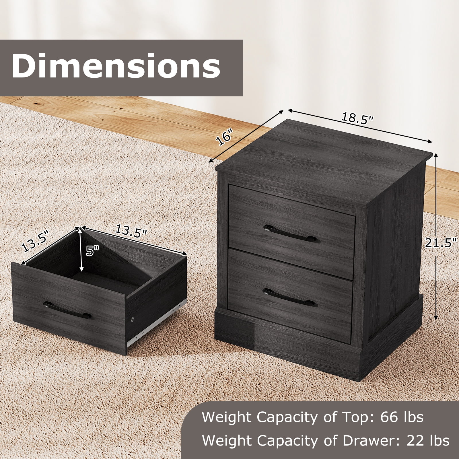 Gymax Set of 2 Drawer Nightstand Bedside Table Compact Sofa End Table Oak Dark Grey