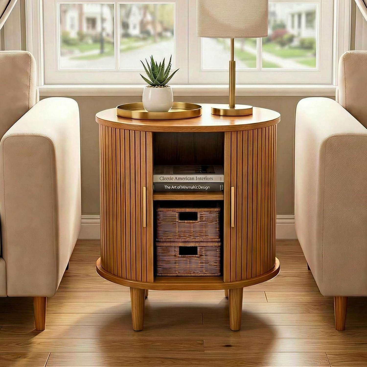 avobird Fluted Nightstand with Charging Station, Modern Side Table, Round Wood End Table with Drawer, Sliding Door & Adjustable Shelf for Living Room, Bedroom, Walnut