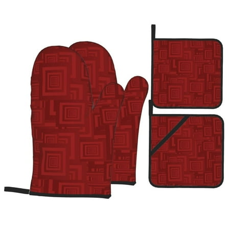 

YFYANG Oven Mitts and Pot Holders Sets 4 Pieces Non-Slip Heat Resistant Maroon Abstract Geometry Kitchen Glove Pot Mat for Cooking and Baking