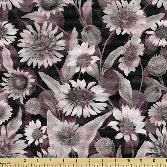 Ambesonne Floral Fabric by the Yard Upholstery, Vintage Art Flower Pattern, 1 Yard, Dark Mauve Grey Black