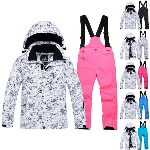 Ski Suit for Kids 6-14Years Unisex Children Ski Suit Outdoor Windproof Waterproof Puffer Hooded Jacket Warm Thickened Velvet Snowsuit Jumpsuits for Boys Girls