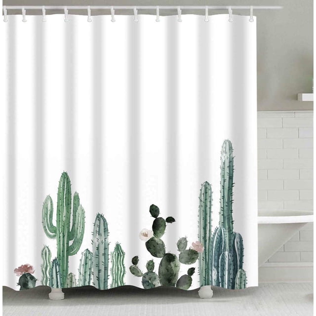 Rideau de Douche Décor Cactus avec Design Moderne et Concis, Rideau de Douche Imperméable en Polyester avec Doublure et Crochets 72 Pouces x 72 Pouces (Cactus)