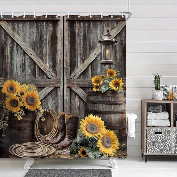 Rustic Barn Door Shower Curtain Farmhouse Western Decor, Sunflower Floral Flower Country Barnwood Plant Bath Curtain with Cowboy Boots, Southwestern Theme Bathroom Decor Set with Hooks, 36X72in