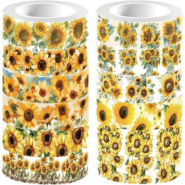 Cinta adhesiva de girasol para enmascarar, 12 estilos, 16.4 pies, rollos decorativos para envolver regalos con plantas de verano