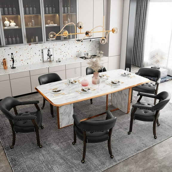 JESONVID Set of 6 Dining Chair with Casters, Captain's Chair with Caster Dining Chairs with Rollers Curving Backrest Dinette Sets Poker Chairs with Wheels Kitchen Table Rolling Chair,Espresso&Black