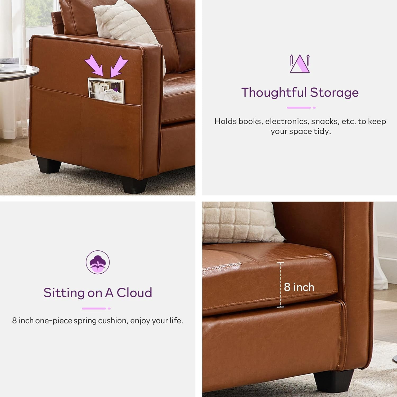 AODAILIHB 65" W Faux Leather Loveseat Sofa, Modern Tufted Comfy Office Small Couch w/USB Charging Ports and Wide Arms, Brown
