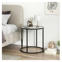 Glass End Table, 20 Inch Round Side Table with Metal Frame & Faux Marble Top, Living Room Bedroom Accent Table, Black & White, Easy Assembly, Modern Minimalist Design